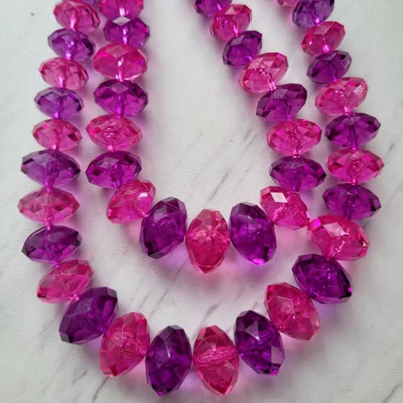 BEADED  DOUBLE STRAND CLEAR PINK & PURPLE FACETED LUCITE BEADS - Picture 5 of 8